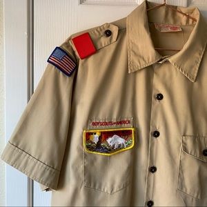 Vintage Boy Scouts of America Texas Troop 233 Patches Buffalo Khaki Shirt Large